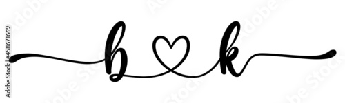 bk, kb, letters with heart Monogram, monogram wedding logo. Love icon, couples Initials, lower case, connecting HEART, home decor,
