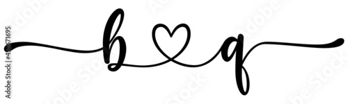 bq, qb, letters with heart Monogram, monogram wedding logo. Love icon, couples Initials, lower case, connecting HEART, home decor,