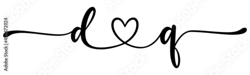 dq, qd, letters with heart Monogram, monogram wedding logo. Love icon, couples Initials, lower case, connecting HEART, home decor,