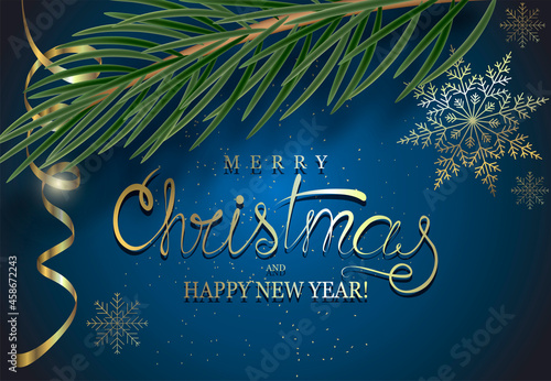 Postcard, banner Merry Christmas and Happy New Year on a blue background.