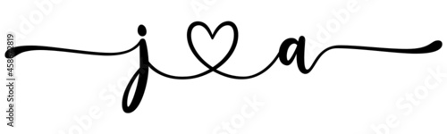 ja, aj, letters with heart Monogram, monogram wedding logo. Love icon, couples Initials, lower case, connecting HEART, home decor,