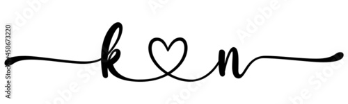 kn, nk, letters with heart Monogram, monogram wedding logo. Love icon, couples Initials, lower case, connecting HEART, home decor,