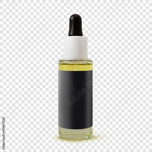 Oil facial serum cosmetic glass bottle with pipette and black sticker realistic illustration isolated. 3d vector beauty product mock up