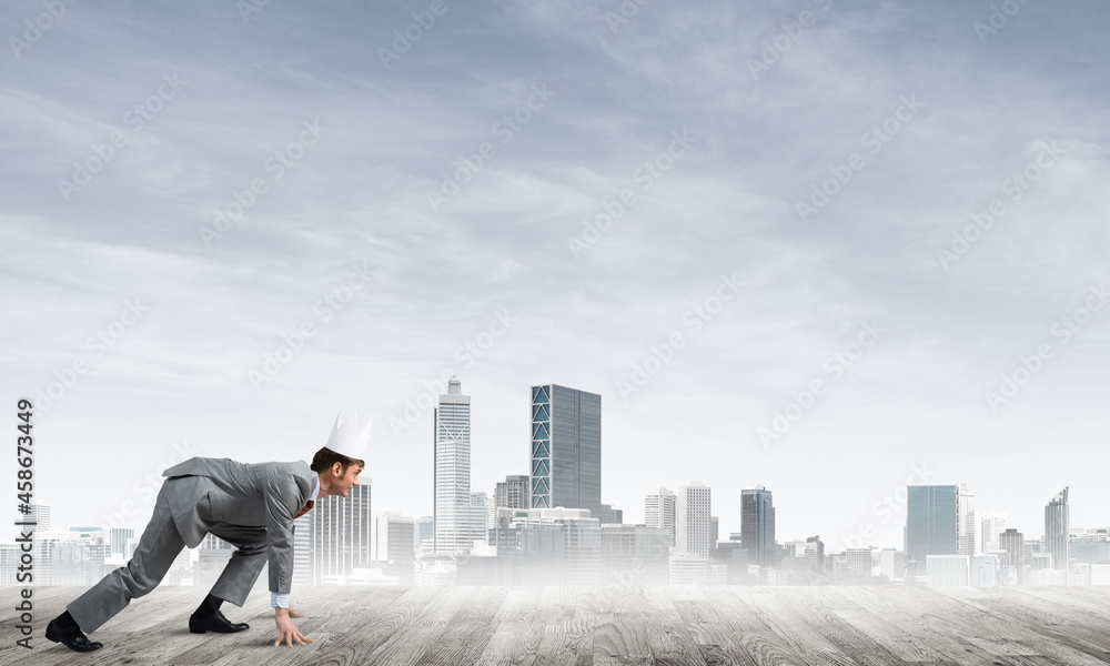 King businessman in elegant suit running and modern cityscape at background King businessman in elegant suit running and modern cityscape at background