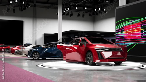 Modern cars at the motorshow. 3D rendering.