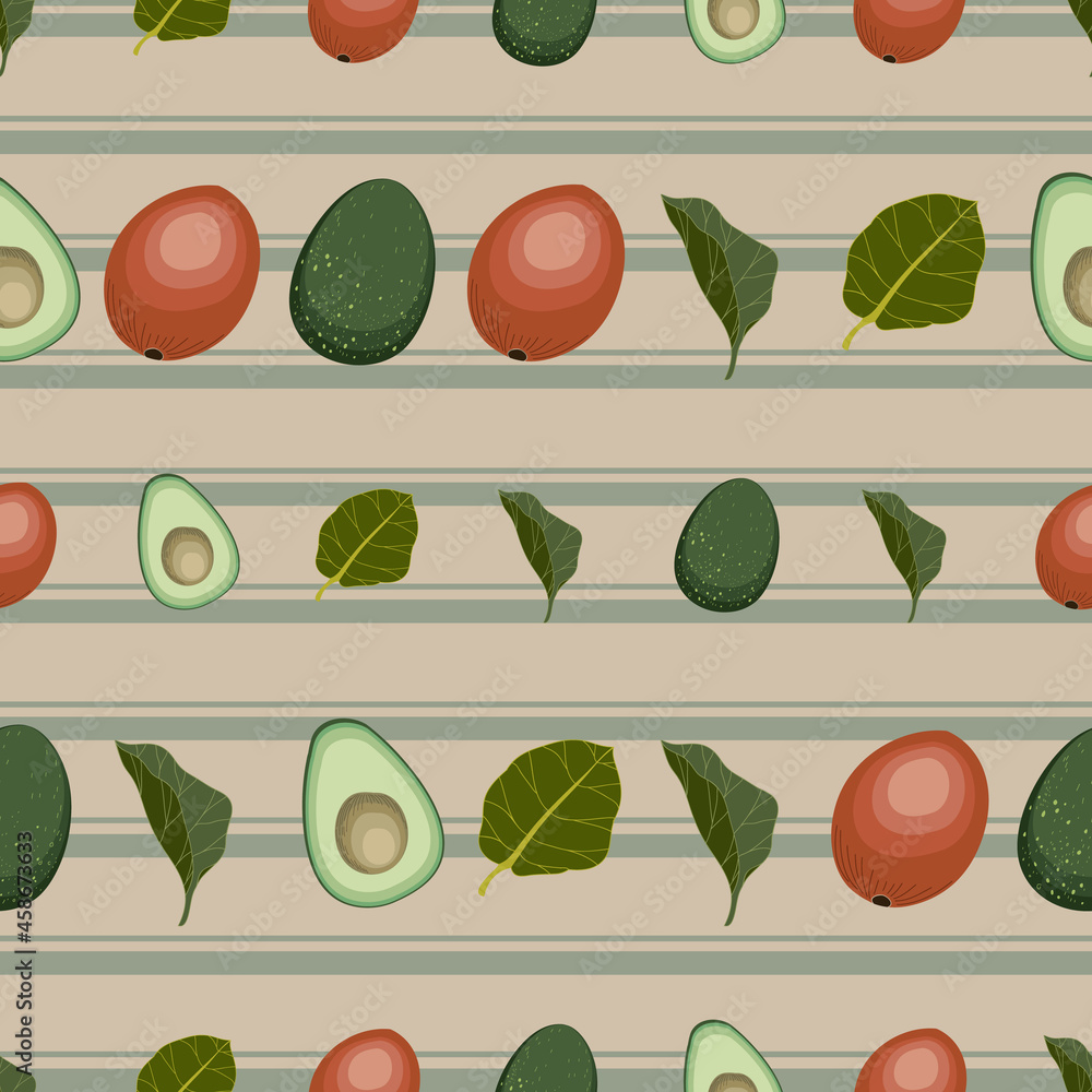 Avocado seamless vector pattern on green brown striped background