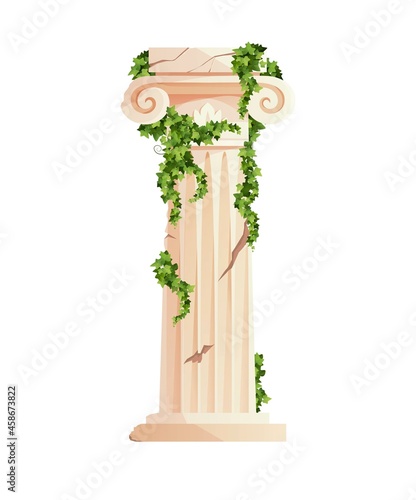 Ancient Greek column with ivy climbing branches. Roman pillar. Building design elements and decoration. Cartoon vector illustration.