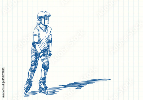 Teenage girl on rollers skating, Blue pen sketch on square grid notebook page, Hand drawn vector illustration