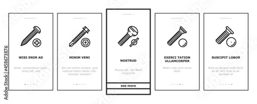 Screw And Bolt Building Accessory Onboarding Mobile App Page Screen Vector. Socket Head And Shoulder Screw, Press-fit And Hex Standoffs, Eyebolt With Peg And Rivet Engineer Equipment Illustrations