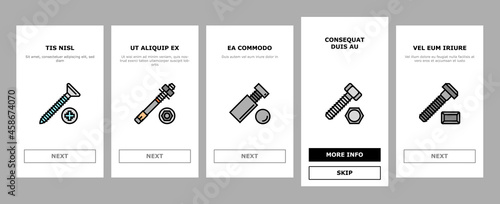 Screw And Bolt Building Accessory Onboarding Mobile App Page Screen Vector. Socket Head And Shoulder Screw, Press-fit And Hex Standoffs, Eyebolt With Peg And Rivet Engineer Equipment Illustrations