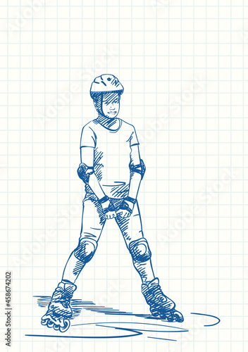 Teenage girl on rollers skating, Blue pen sketch on square grid notebook page, Hand drawn vector illustration