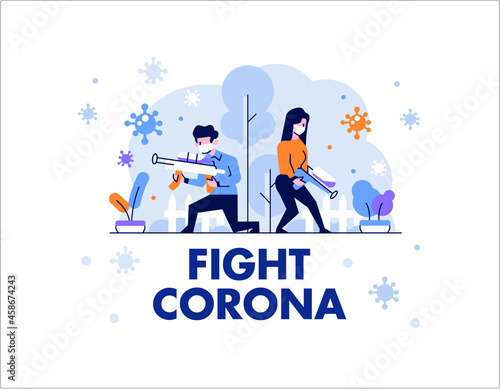 Healthcare medical man and woman protect and fight corona, covid 19 shielding, defending people character flat design gradient style Vector Illustration