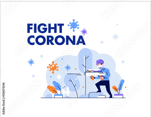 Healthcare medical man and woman protect and fight corona, covid 19 shielding, defending people character flat design gradient style Vector Illustration