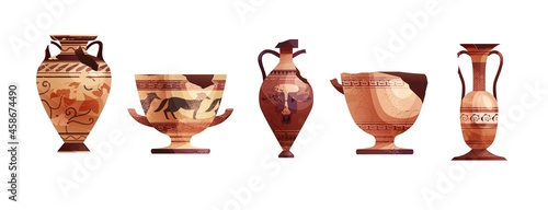 Broken ancient vases. Ceramic archaeological pot. Antique traditional clay jar for wine. Vector cartoon illustration.