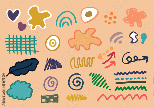 Set of hand drawn various shapes and doodle objects and decorative design elements.vector illustration.