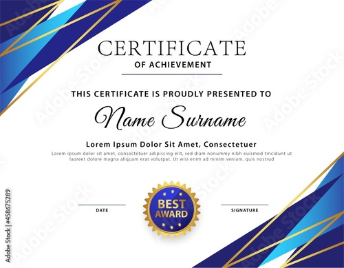 Minimalist luxury blue gold certificate template design for achievement or appreciation awards.