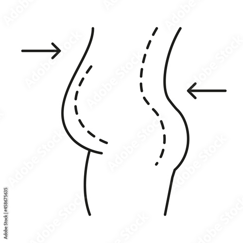 Female figure. Outline of young girl. Stylized slender body. Linear Art. Black and white vector illustration and icon. Contour of a slender figure. Plastic surgery