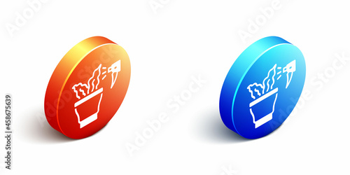 Isometric Spraying a house plant with a spray gun icon isolated on white background. Moistening of foliage. Care for home flowers. Orange and blue circle button. Vector