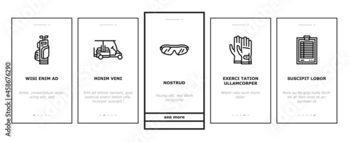 Golf Sportive Game On Playground Onboarding Mobile App Page Screen Vector. Ball And Clubs In Bag, Caddy And Gps Digital Gadget, Cup Award And Score, Gloves Sunglasses Player Accessories Illustrations