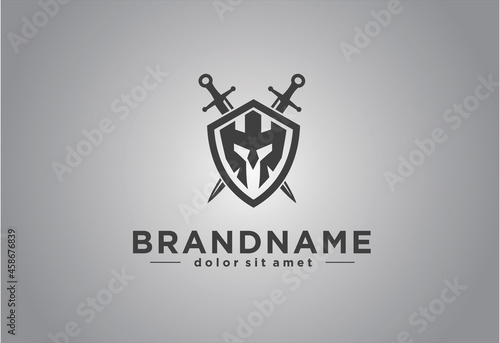 spartan helmet in shield and cross sword logo vector illustration silhouette black. template logo for military, armory, company, team, game