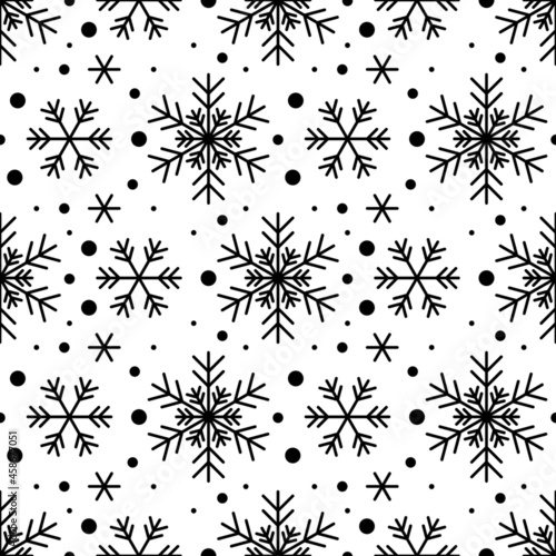 Seamless pattern with black snowflakes on white background. Festive winter traditional decoration for New Year  Christmas  holidays and design. Ornament of simple line repeat snow flake