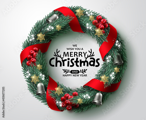 Merry christmas greeting text vector design. Christmas wreath and garland xmas ornament elements for card decoration in white space background. Vector illustration. 