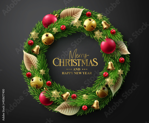 Merry christmas greeting text vector design. Christmas wreath and garland with elegant elements like bell, ball and snowflakes for xmas card decoration in black background. Vector illustration. 