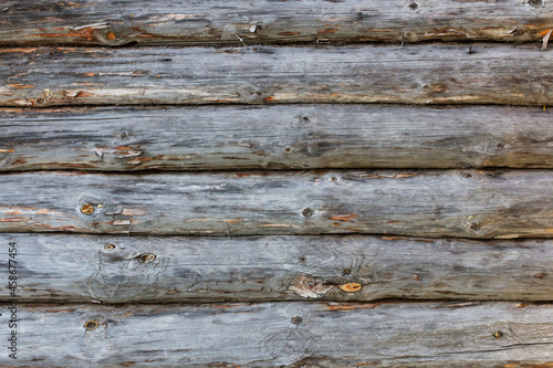 Log cabin or shed unpainted debarked wall textured. Horizontal background.