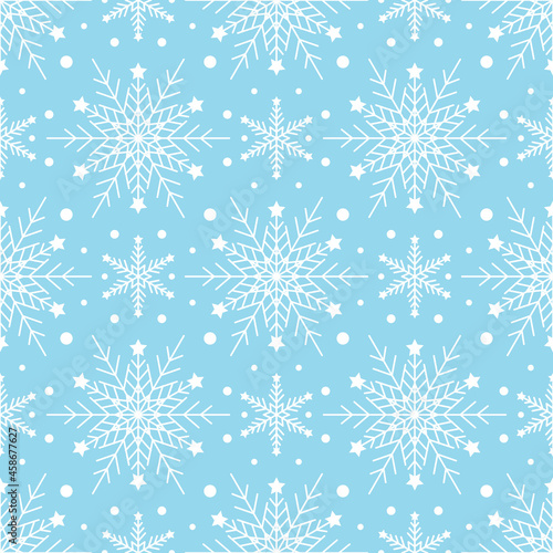 Seamless pattern with white snowflakes on blue background. Festive winter traditional decoration for New Year, Christmas, holidays and design. Ornament of simple line repeat snow flake