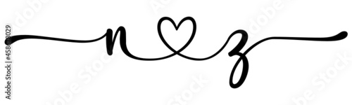 nz, zn, letters with heart Monogram, monogram wedding logo. Love icon, couples Initials, lower case, connecting HEART, home decor,