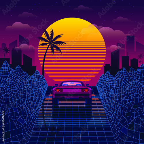Retro car on the blue road among 3D mountains Synthwave or Retrowave style back to the 80s and 90s