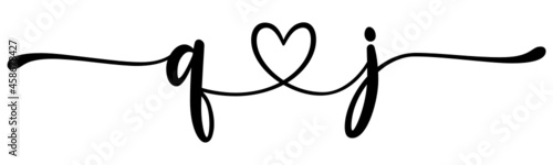 qj, jq, letters with heart Monogram, monogram wedding logo. Love icon, couples Initials, lower case, connecting HEART, home decor,