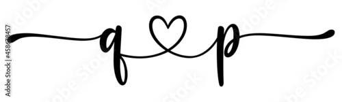 qp, pq, letters with heart Monogram, monogram wedding logo. Love icon, couples Initials, lower case, connecting HEART, home decor,