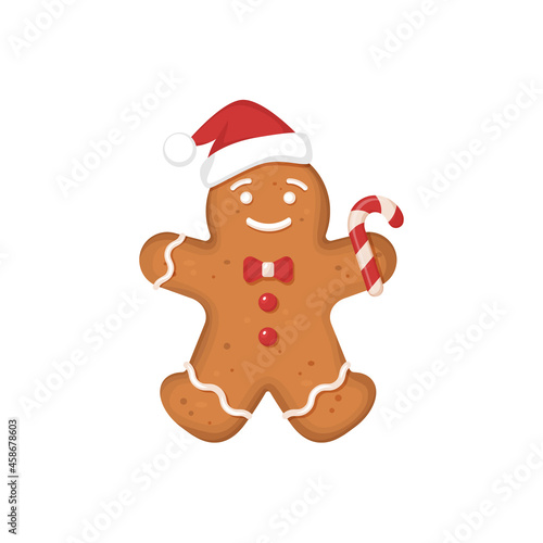 Gingerbread man cookie stock vector illustration. Christmas cookies gingerbread man holding a candy cane vector illustration. Gingerbread man in santa claus hat on white isolated background
