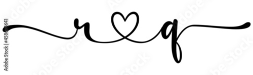 rq, qr, letters with heart Monogram, monogram wedding logo. Love icon, couples Initials, lower case, connecting HEART, home decor,