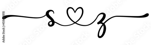 sz, zs, letters with heart Monogram, monogram wedding logo. Love icon, couples Initials, lower case, connecting HEART, home decor,