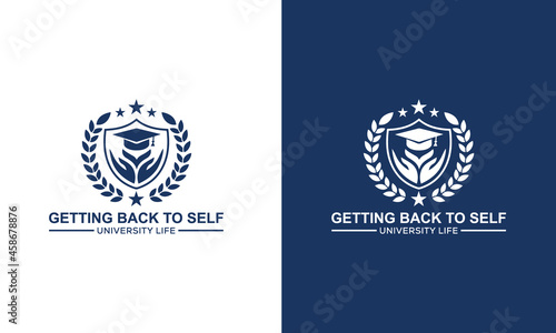 University and academy vector icons. Emblems or shields set for high school education graduates in maritime science, or law. Ribbons and badges of bachelor hat, laurel wreath, Vector Logo Template photo