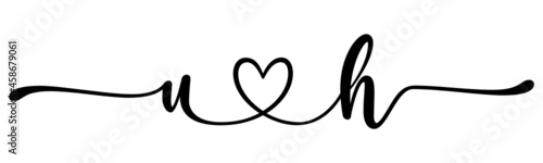 uh, hu, letters with heart Monogram, monogram wedding logo. Love icon, couples Initials, lower case, connecting HEART, home decor,