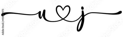 uj, ju, letters with heart Monogram, monogram wedding logo. Love icon, couples Initials, lower case, connecting HEART, home decor,