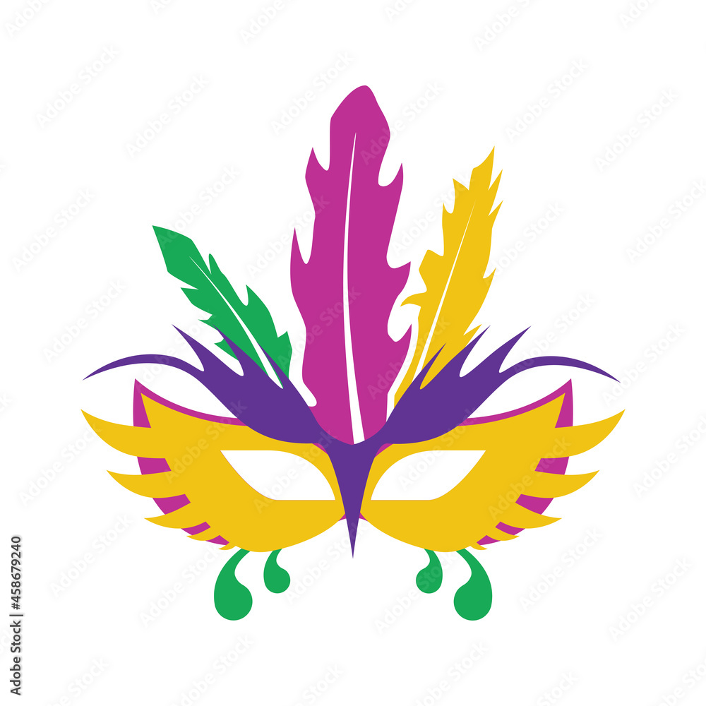 Obraz premium A carnival mask with feathers. Masquerade mask in the style and colors of the Mardi Gras carnival. Vector illustration isolated on a white background for design and web.
