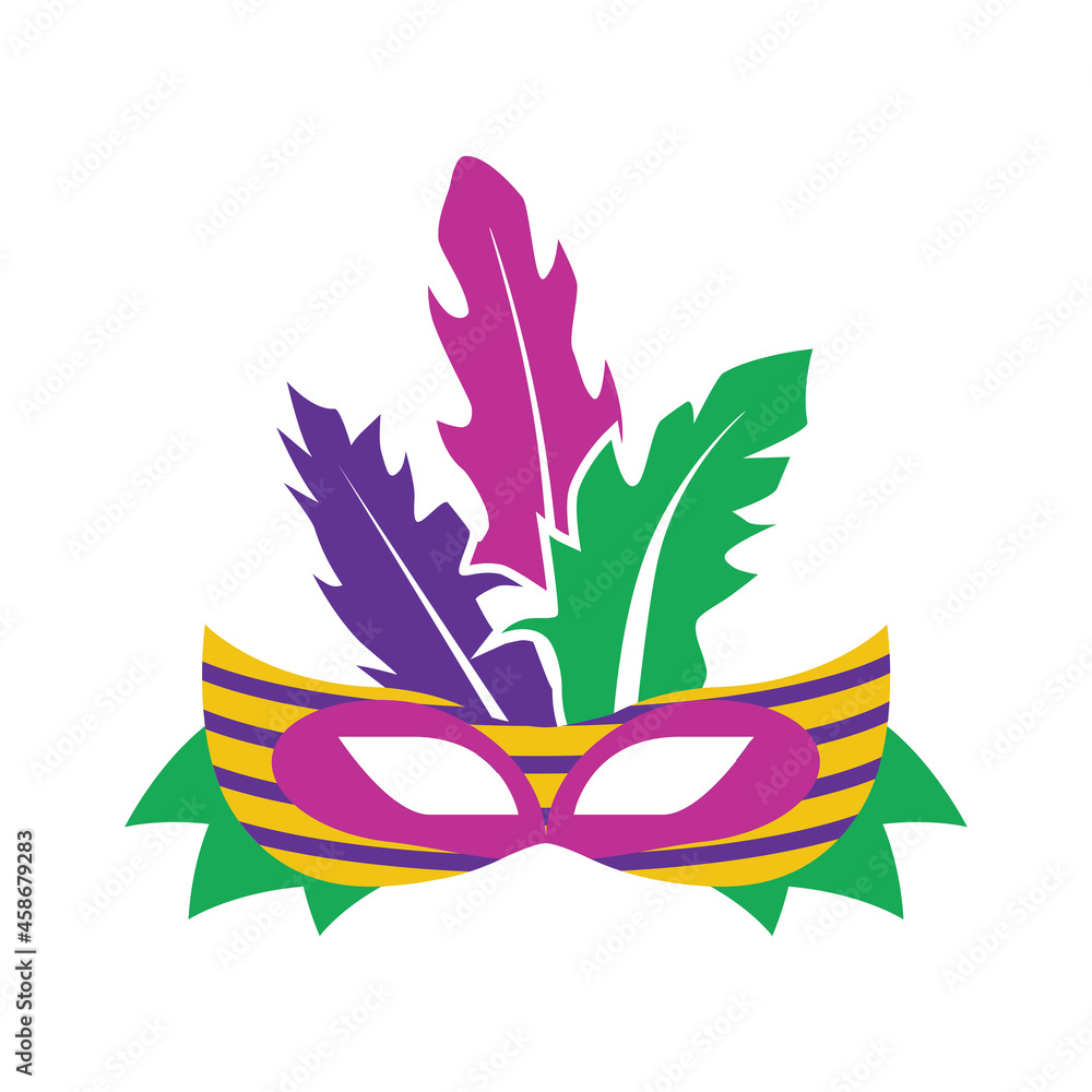 Obraz premium A carnival mask with feathers. Masquerade mask in the style and colors of the Mardi Gras carnival. Vector illustration isolated on a white background for design and web.