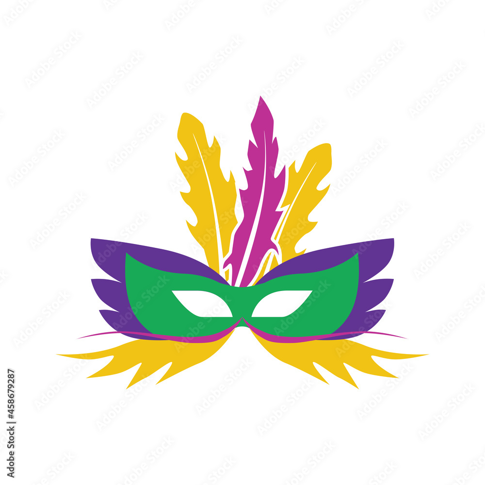 Obraz premium A carnival mask with feathers. Masquerade mask in the style and colors of the Mardi Gras carnival. Vector illustration isolated on a white background for design and web.