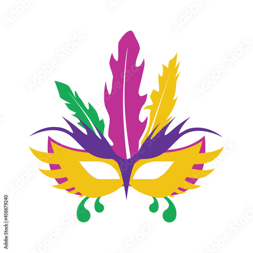 A carnival mask with feathers. Masquerade mask in the style and colors of the Mardi Gras carnival. Vector illustration isolated on a white background for design and web.