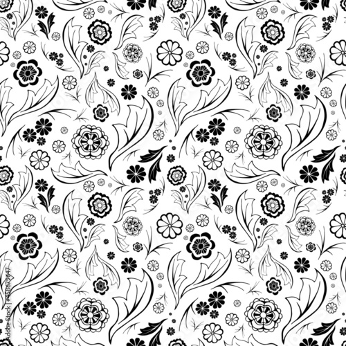 Assorted zen art doodle flowers random seamless pattern. Zendoodle floral motifs irregular repeat surface design. Monochrome anti stress ornamental endless texture. Art therapy adult coloring book.