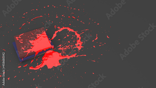 stack of books covered with red paint in the form of a blot
