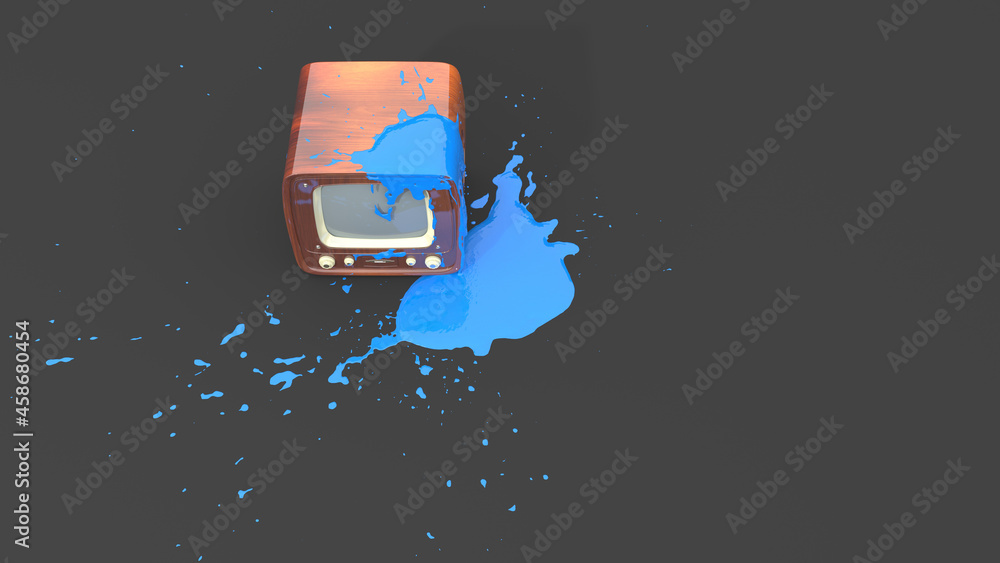 retro TV stained with blue paint in the form of blots