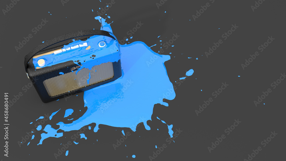 old radio covered with blue paint in the form of a blot old radio covered with blue paint in the form of a blot