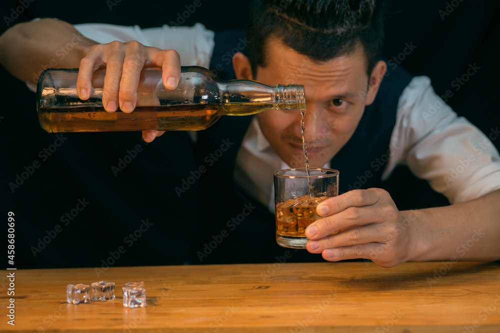 Barman pouring whiskey whiskey glass beautiful night Barman pouring whiskey whiskey glass beautiful night