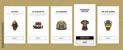 Ancient Rome Antique History Onboarding Mobile App Page Screen Vector. Ancient Rome Amphora Vase And Sword, Warrior Legionary Helmet And Costume, Aqueduct And Coliseum Arena Construction Illustrations