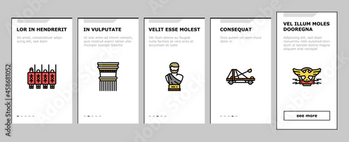 Ancient Rome Antique History Onboarding Mobile App Page Screen Vector. Ancient Rome Amphora Vase And Sword, Warrior Legionary Helmet And Costume, Aqueduct And Coliseum Arena Construction Illustrations